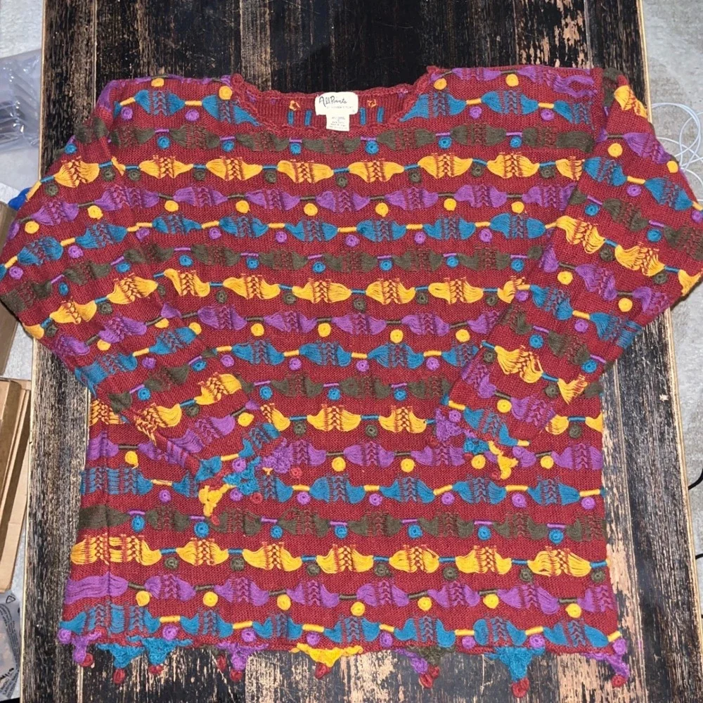 Vintage All Points Reference Point Textured Tassel Knit Sweater Red Multi Small